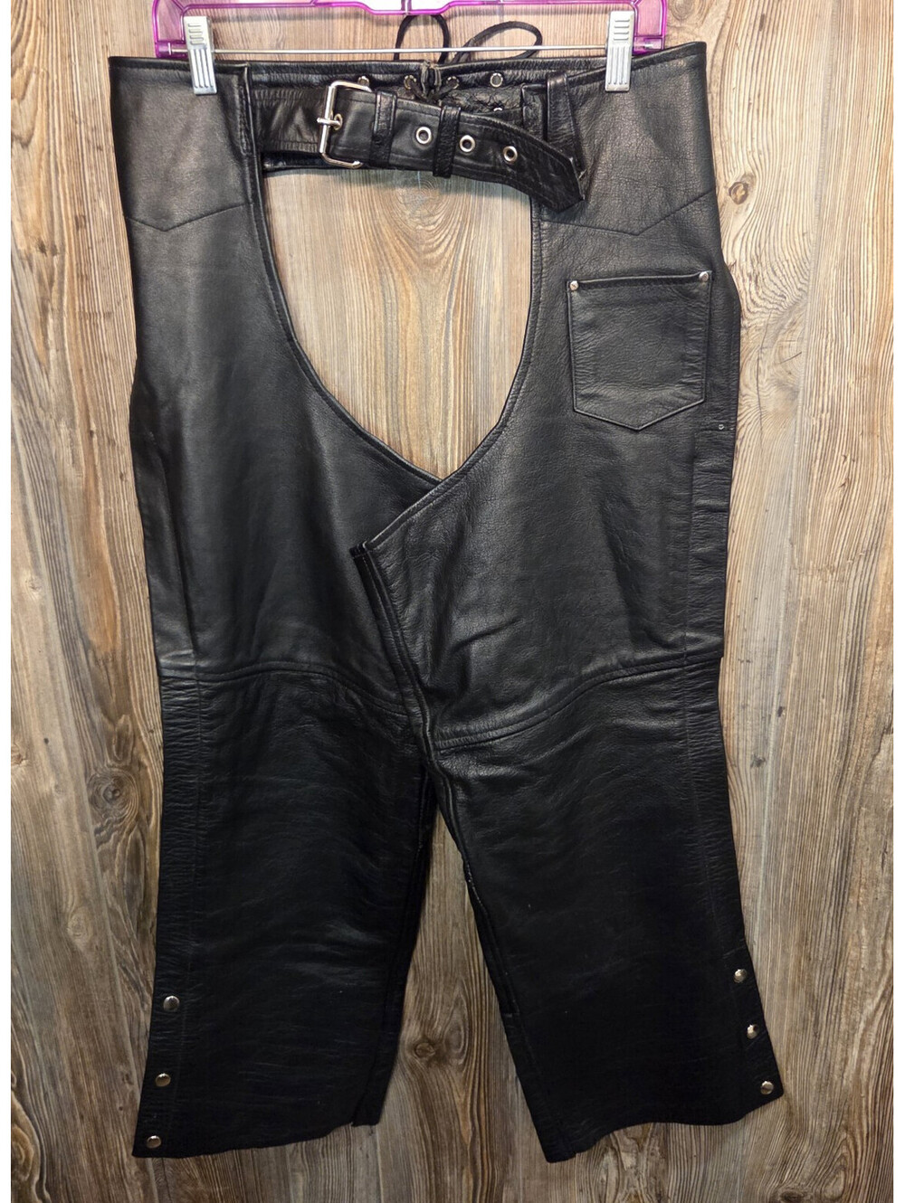 Hot Leathers Black Leather Motorcycle Chaps Unisex Size Lrg Buckle Biker Cosplay